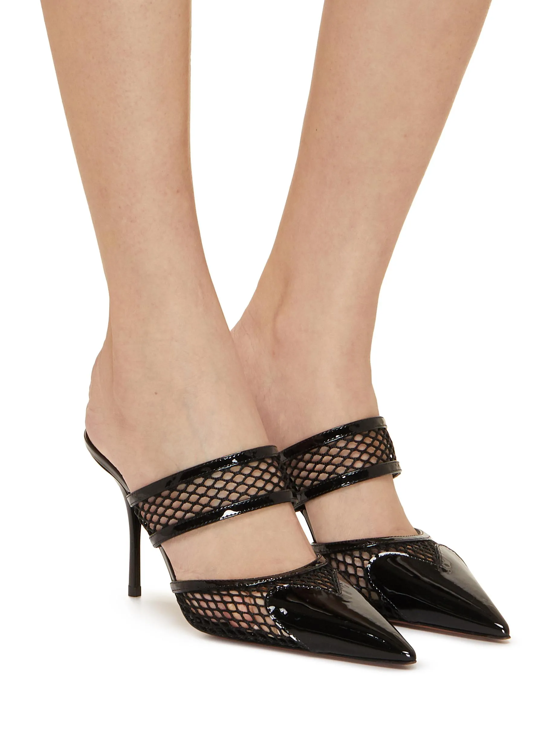 -----------ALAÏA ---- ------------ ----Le Coeur 90 Patent Leather Fishnet Heeled Mules --