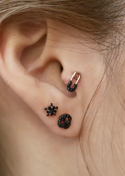 14K 18K Solid Gold Black Cz Safety Pin Cartilage Helix Inner Conch  Barbell Piercing Earring Stud