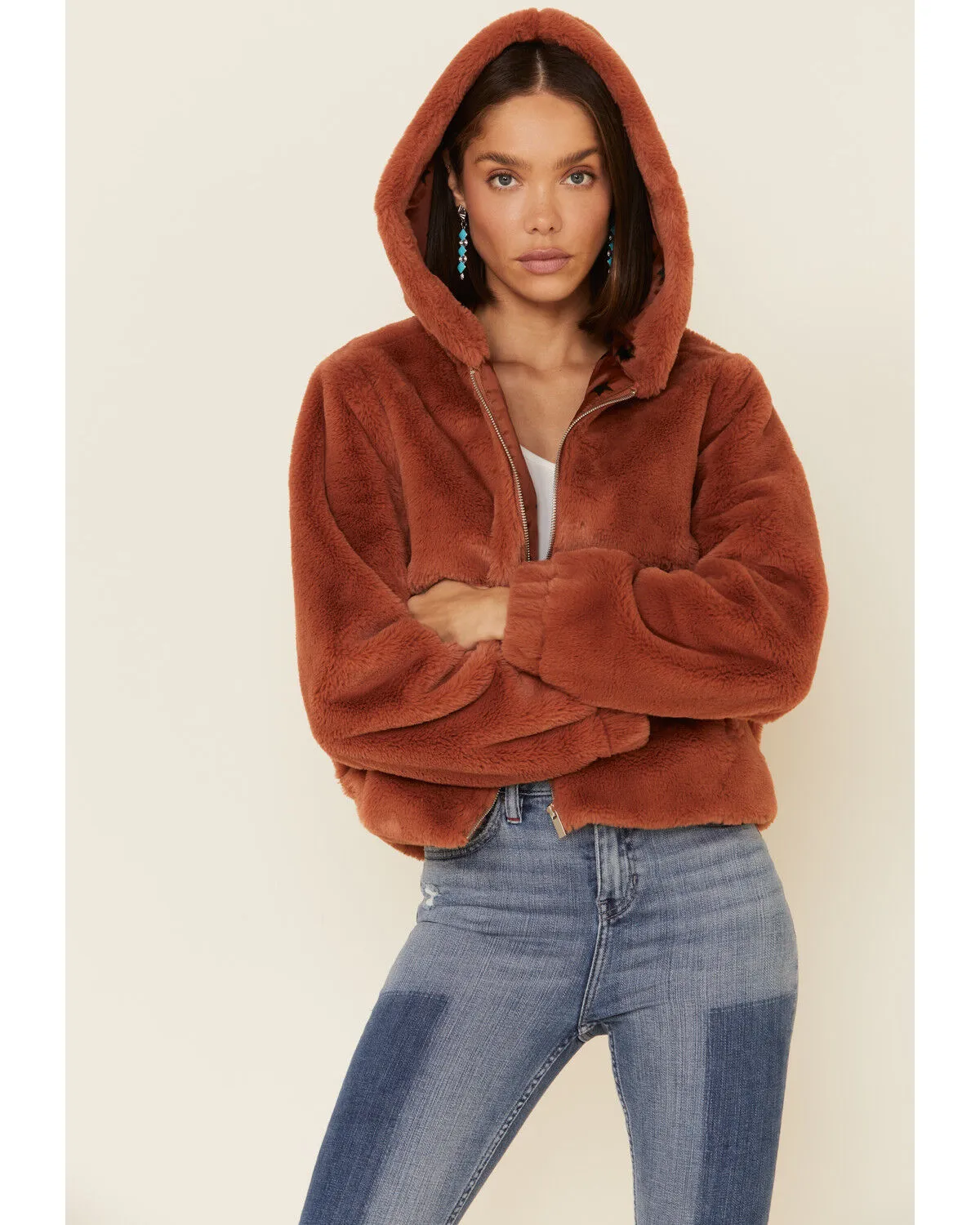 26 International Women's Rust Faux Fur Hooded Jacket