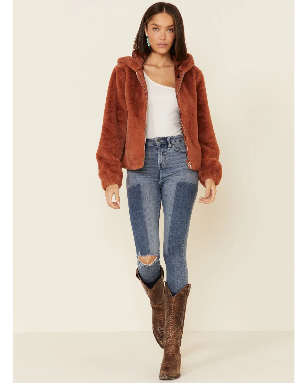 26 International Women's Rust Faux Fur Hooded Jacket