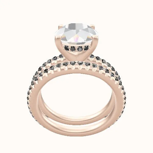3/4 Pave Engagement Ring With V Prong with Hidden Halo Head and Matching Band