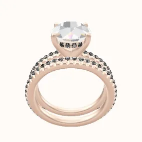 3/4 Pave Engagement Ring With V Prong with Hidden Halo Head and Matching Band