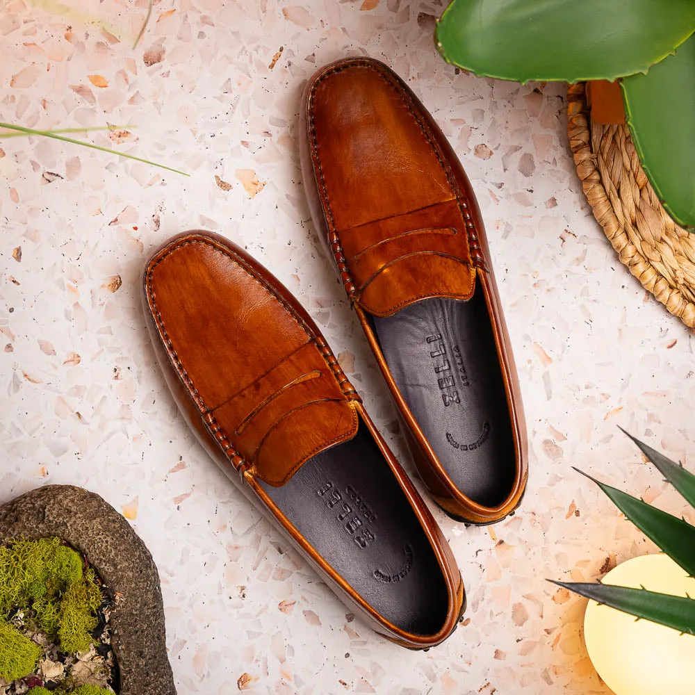 35-115-CGN MONZA Hand Burnished Italian Calfskin Driving Loafers Cognac