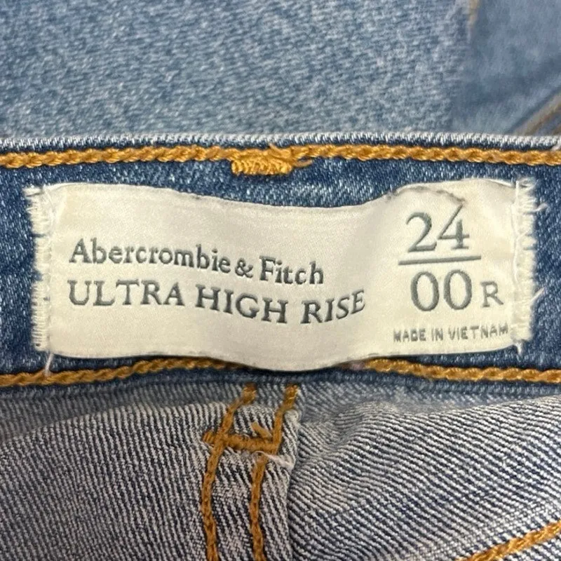 Abercrombie & Fitch Blue Denim Ultra High Rise Cut Off Hem Straight Leg Jeans 24