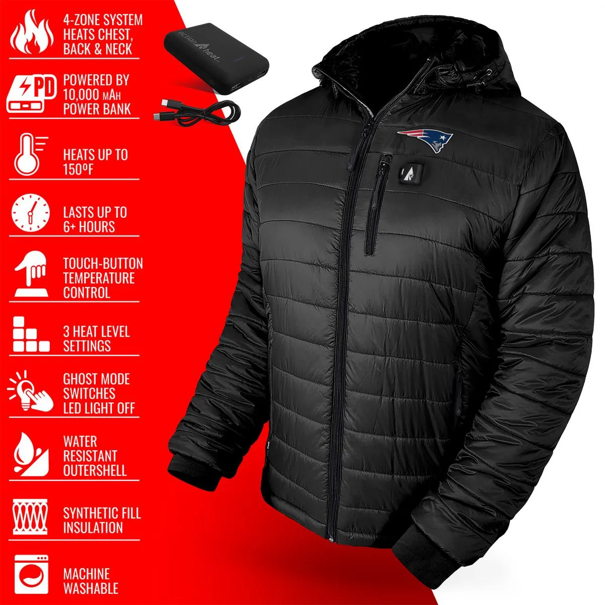 ActionHeat New England Patriots 5V Men's Puffer Battery Heated Jacket