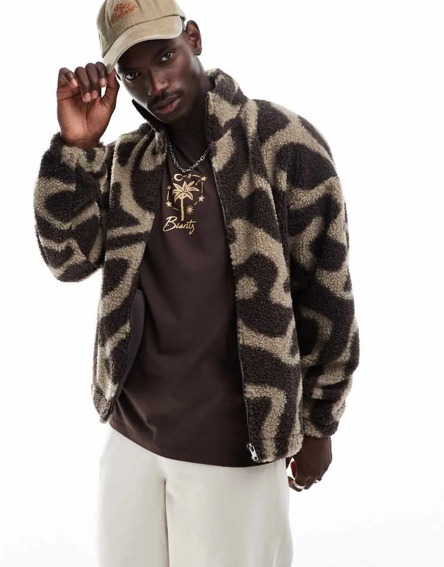ADPT teddy zip up jacket in cream brown pattern-White