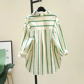 Age-reducing green striped shirt for women 2024 spring and autumn new Korean loose casual long-sleeved shirt sunscreen top