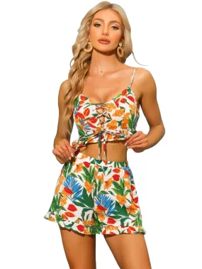 Allegra K- Boho Floral 2 Piece Sleeveless Lace Up Crop Top and Shorts Set