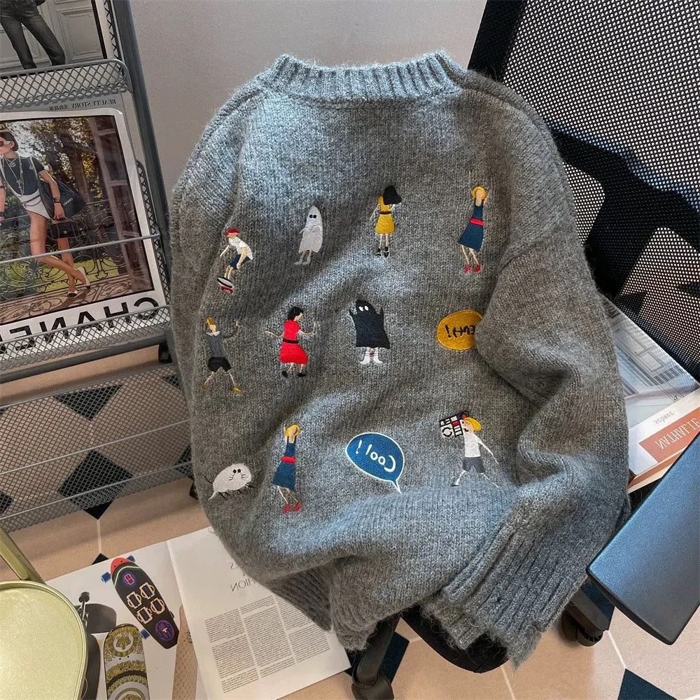 American lazy chic Hong Kong style retro cartoon soft waxy sweater for men and women autumn and winter design street-blasting co