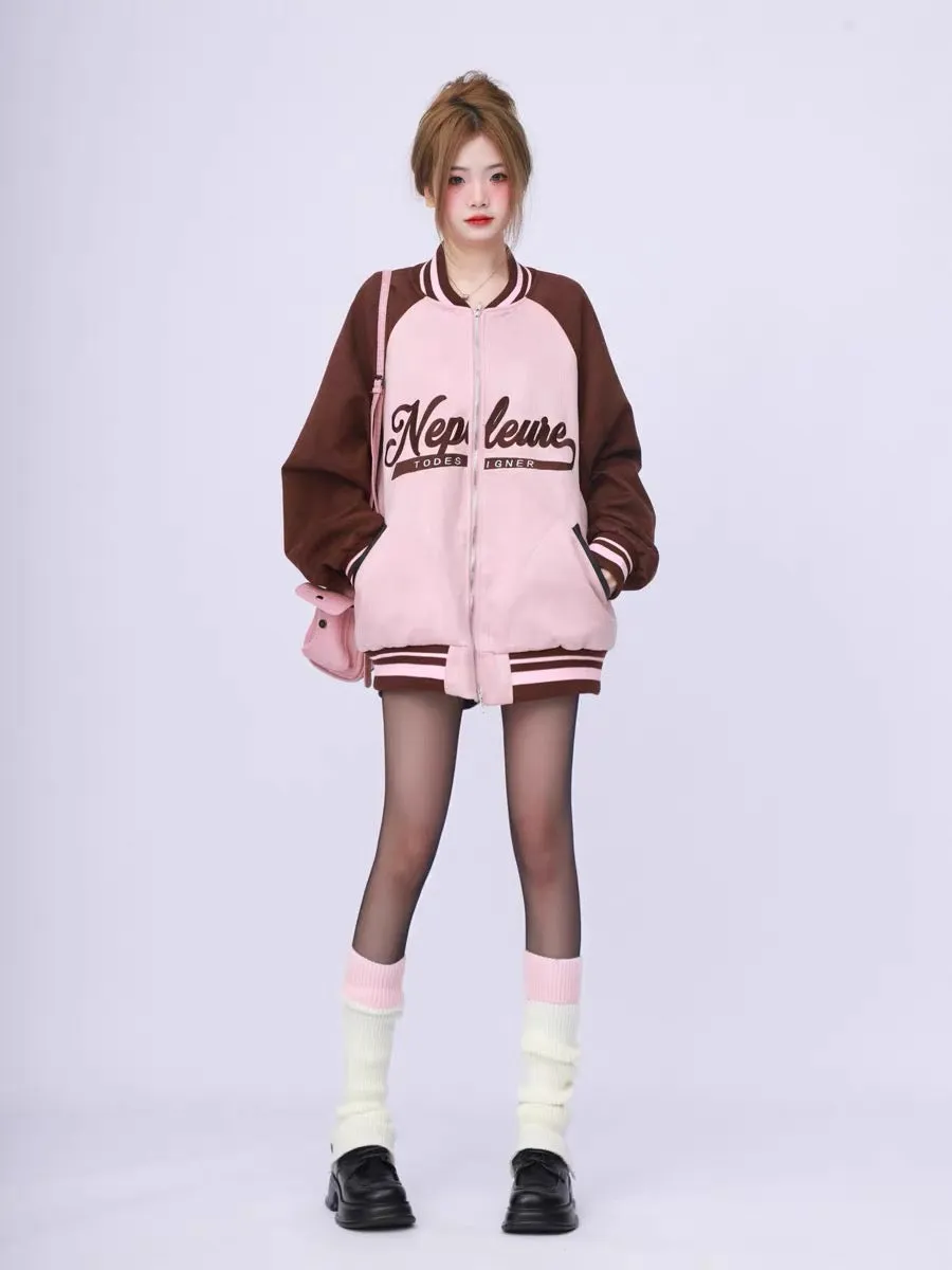 American retro high street raglan sleeves spliced pink suede baseball jacket women's spring and autumn loose heavyweight jacket 