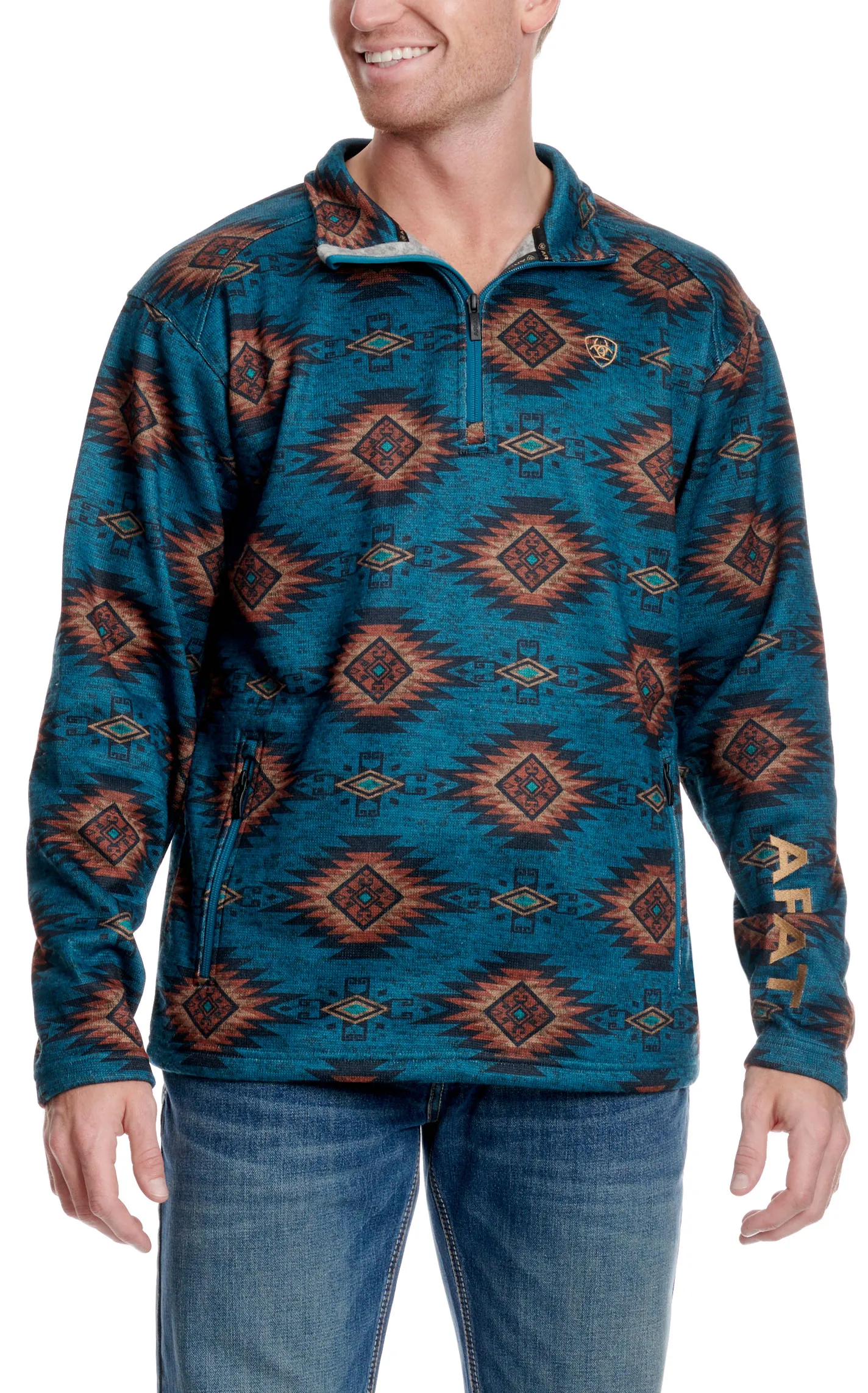 Ariat Men's Caldwell Dark Turquoise & Cinnamon Aztec 1/4 Zip Pullover 