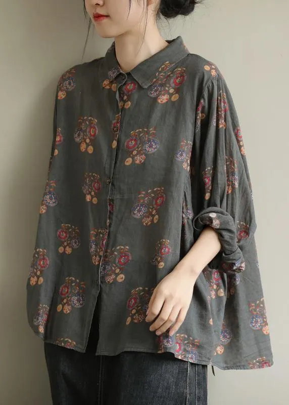 Art black flower tunic pattern lapel baggy fall top