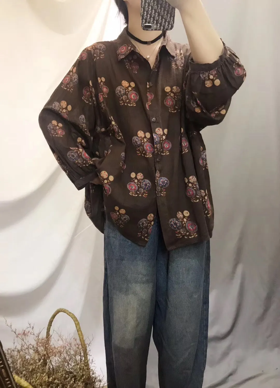 Art black flower tunic pattern lapel baggy fall top