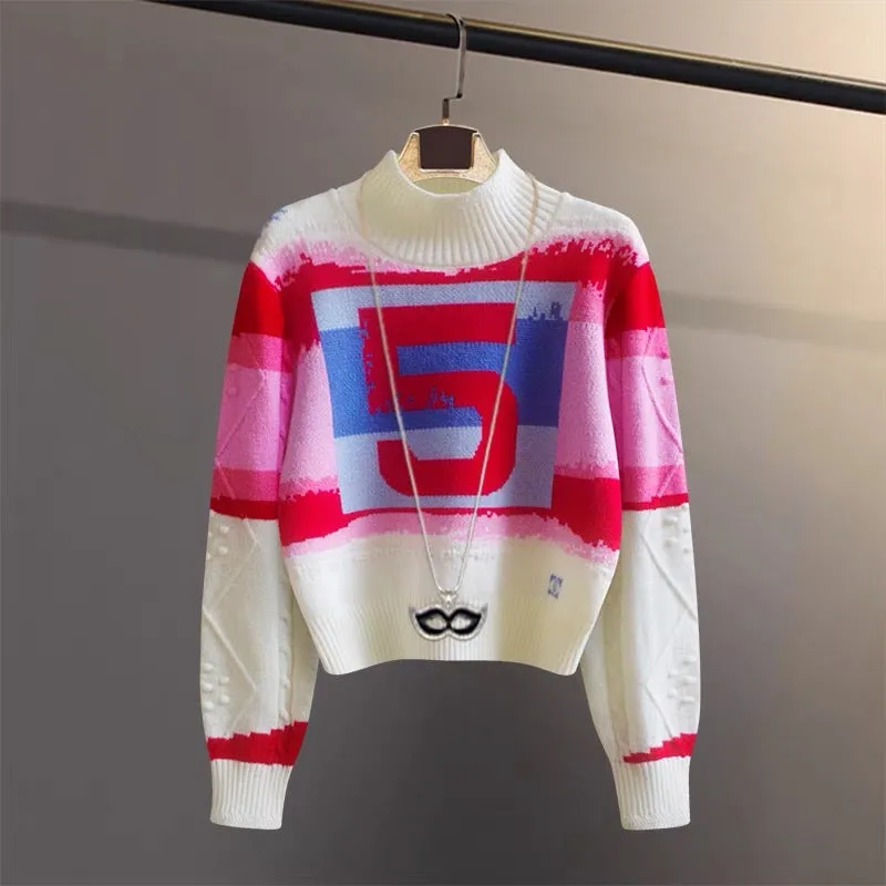 Autumn and winter retro small style half turtleneck sweater women's pullover thickened loose slim sweater number color matching 