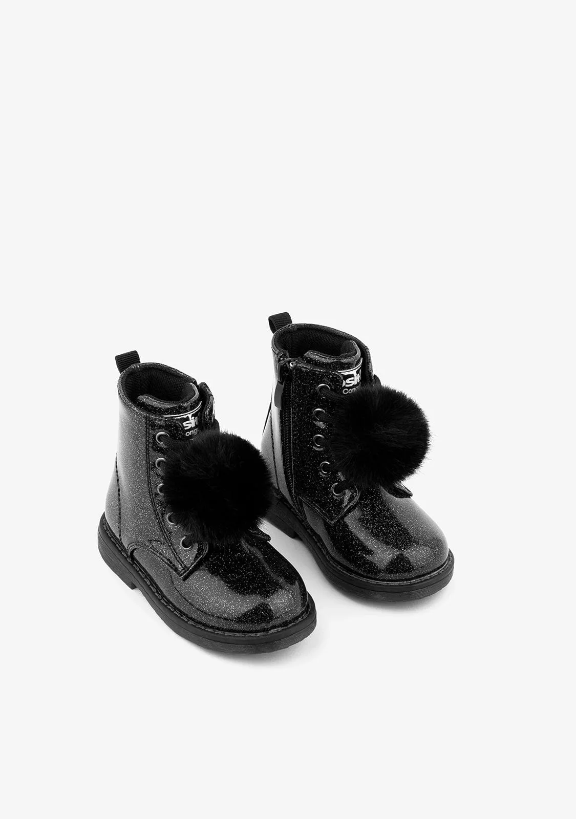 Baby's Black Glitter Patent Ankle Boots With Detail