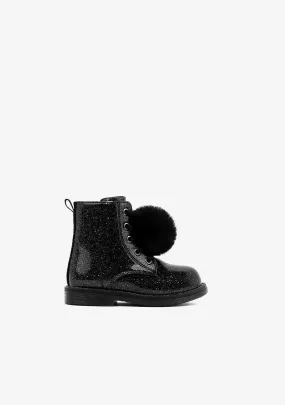 Baby's Black Glitter Patent Ankle Boots With Detail