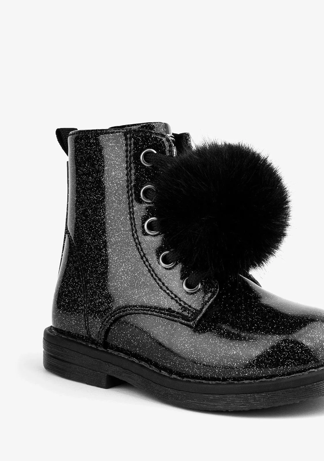 Baby's Black Glitter Patent Ankle Boots With Detail