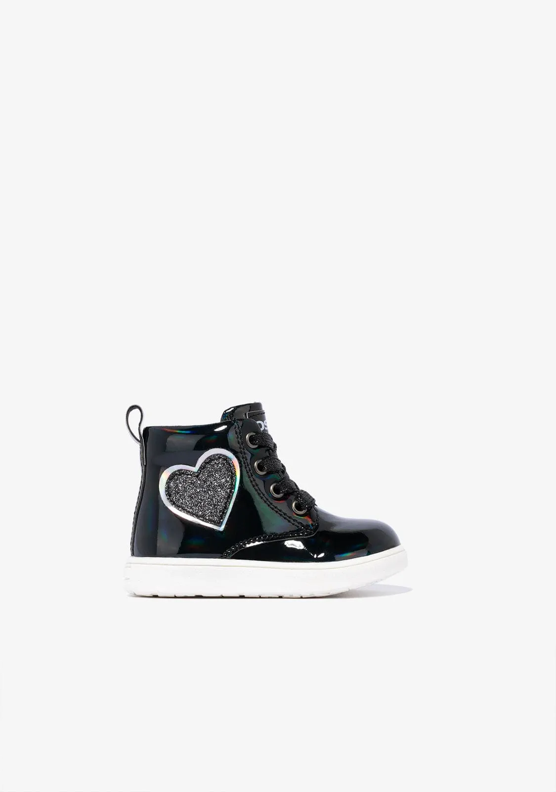 Baby's Black Mirror Patent Ankle Boots With Glitter Heart