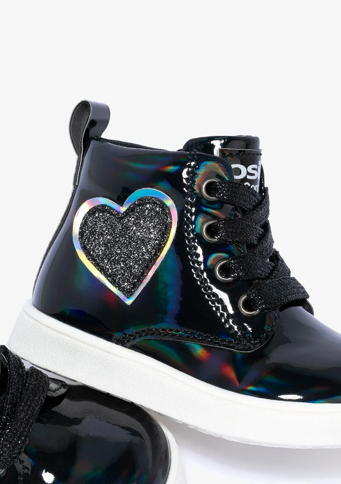 Baby's Black Mirror Patent Ankle Boots With Glitter Heart