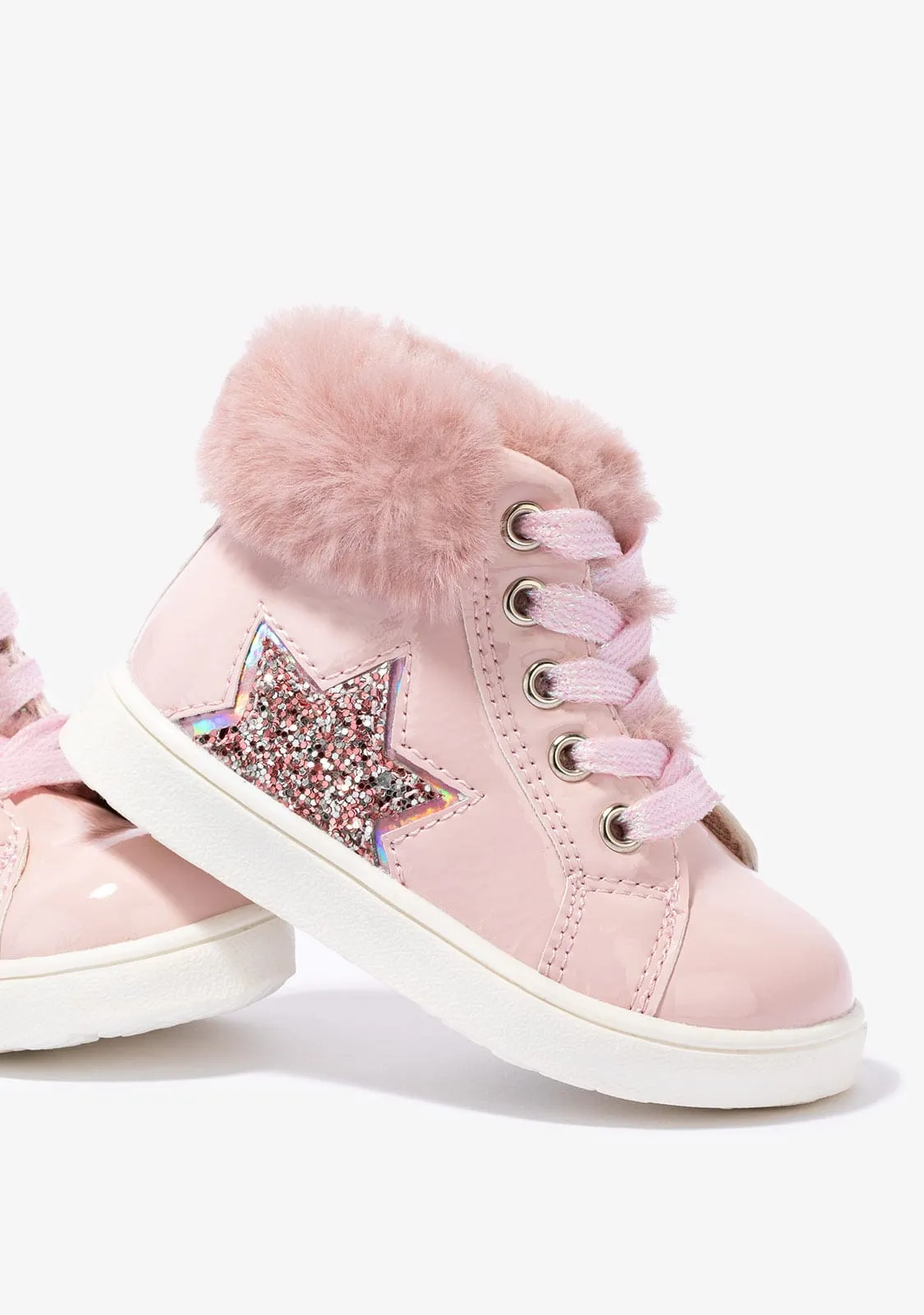 Baby's Pink Patent Ankle Boots With Glitter Star