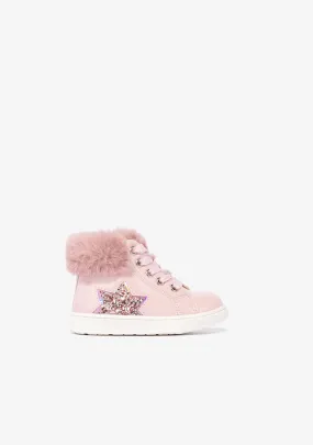 Baby's Pink Patent Ankle Boots With Glitter Star