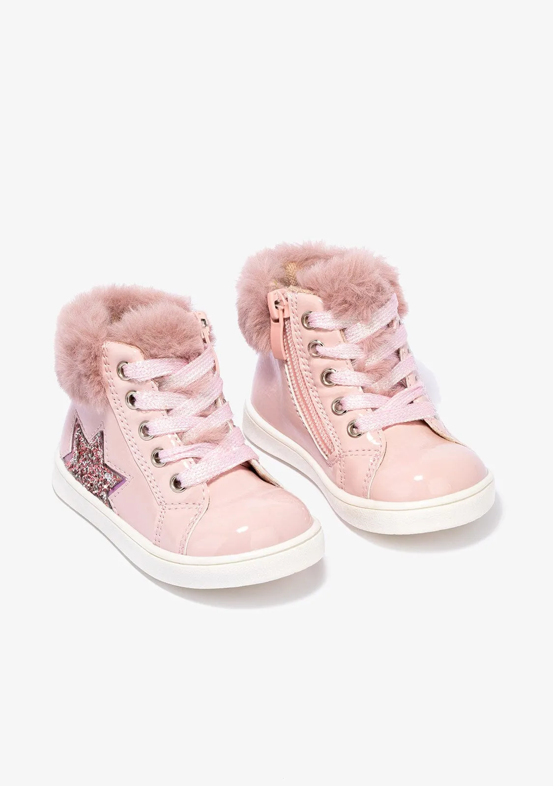 Baby's Pink Patent Ankle Boots With Glitter Star