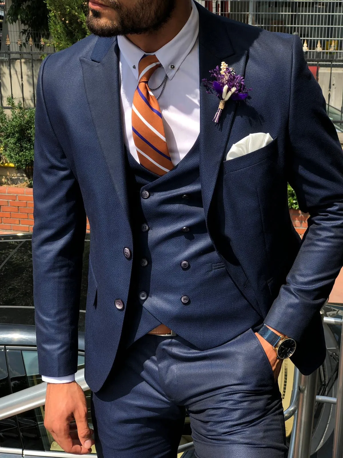 Baha  Slim-Fit Patterned Suit Vest Navy Blue