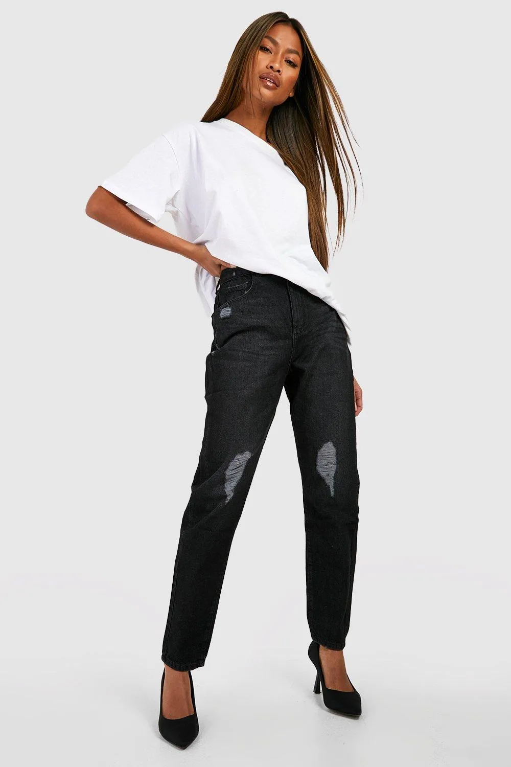 Basic High Waisted Slashed Knee Mom Jeans