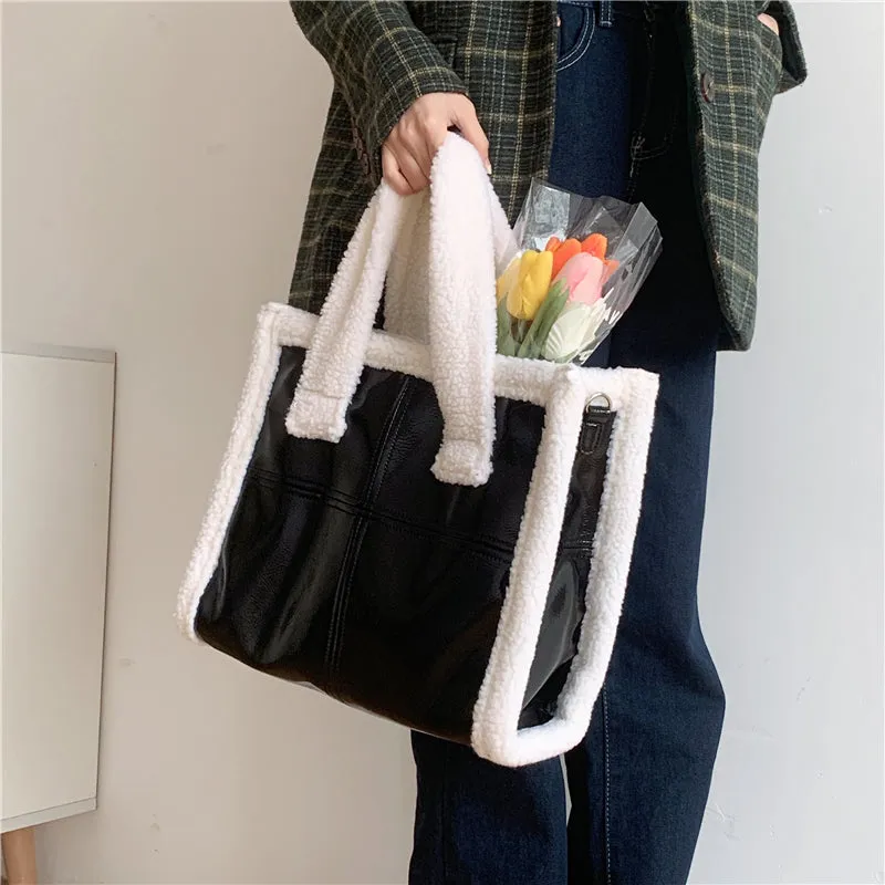 Baylee Patchwork Patent Leather Fleece Tote Handbag