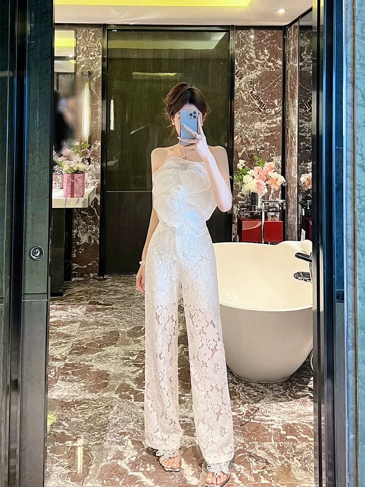 Better LS Royal sister fashion suit female three-dimensional flower tube top + lace wide-leg trousers high-end two-piece suit fe