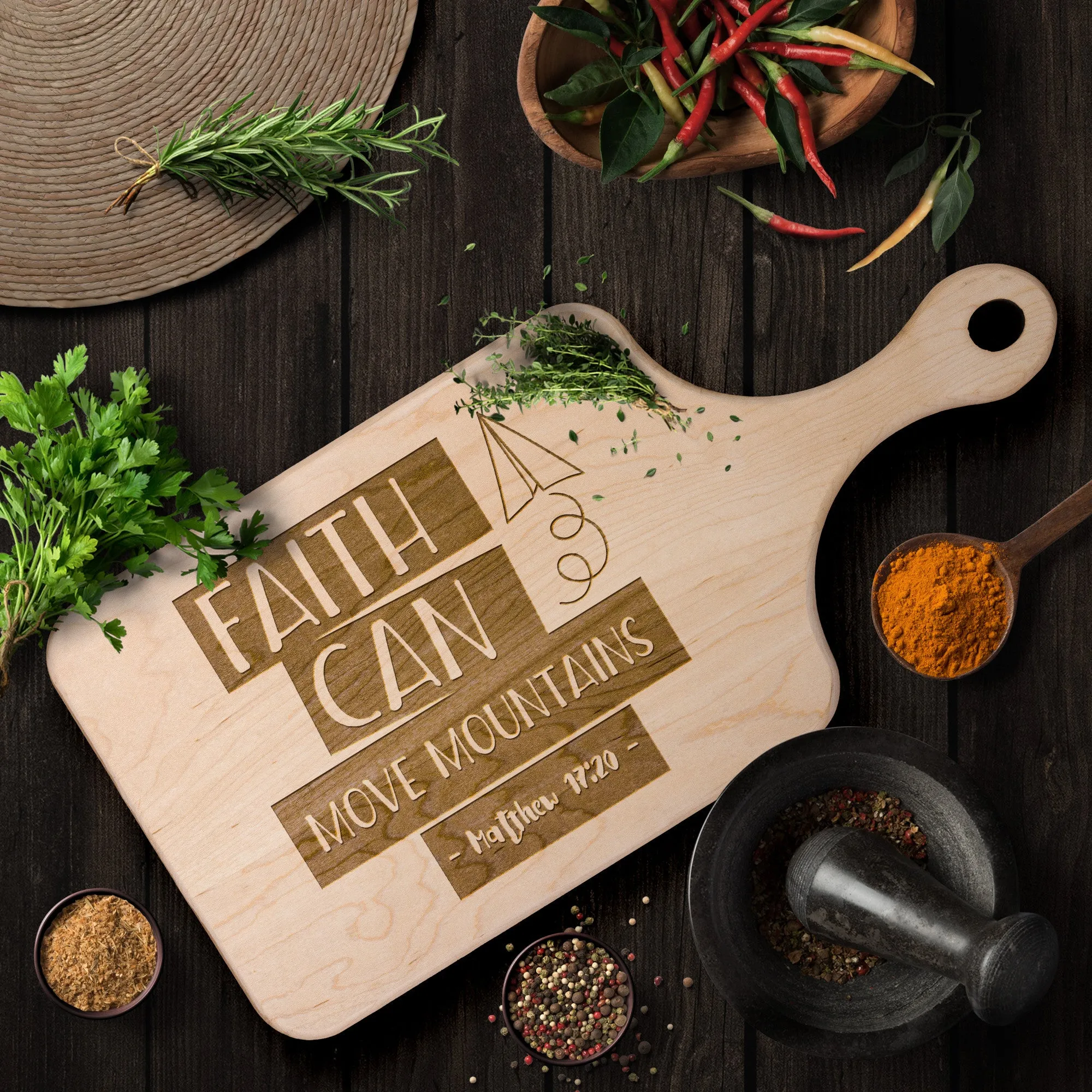 Bible Verse Hardwood Paddle Cutting Board - Faith Can Move Mountains ~Matthew 17:20~ Design 18