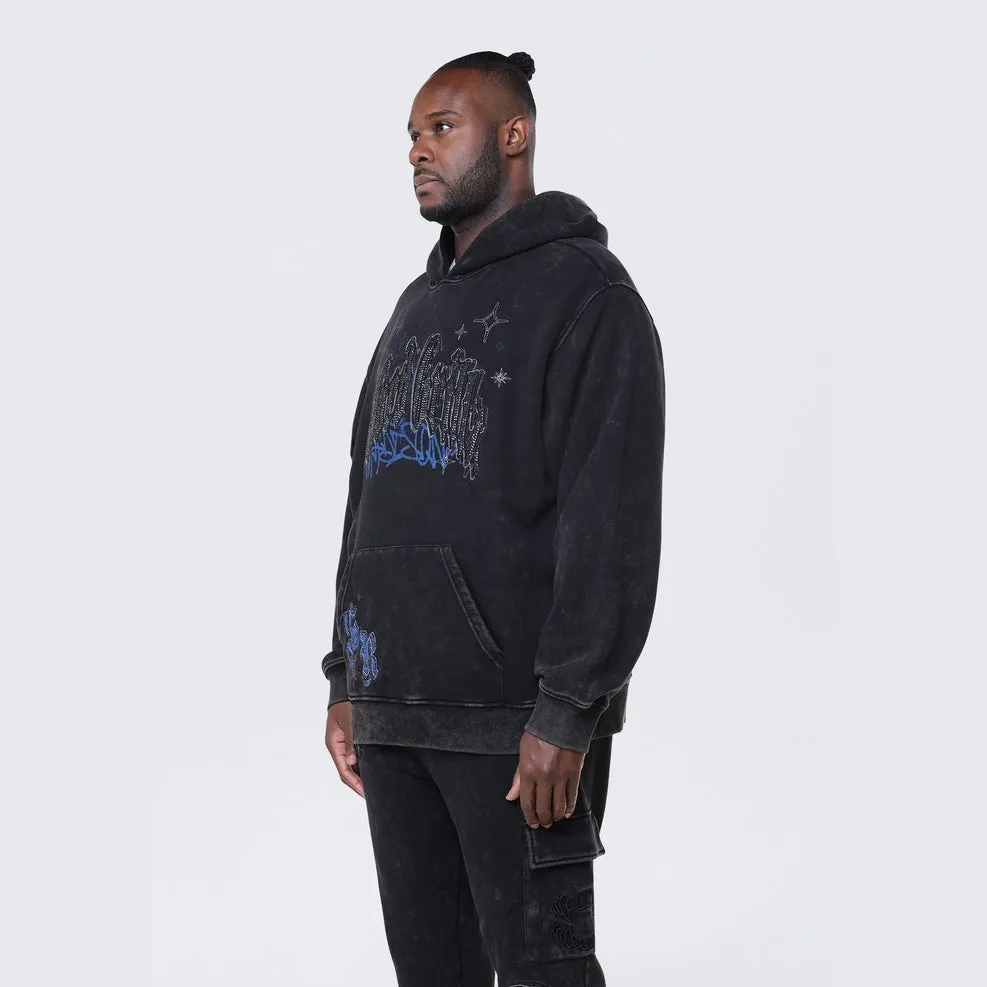 Big and Tall - Dropped Shoulder Rhinestone Dystopia Hoodie - Black