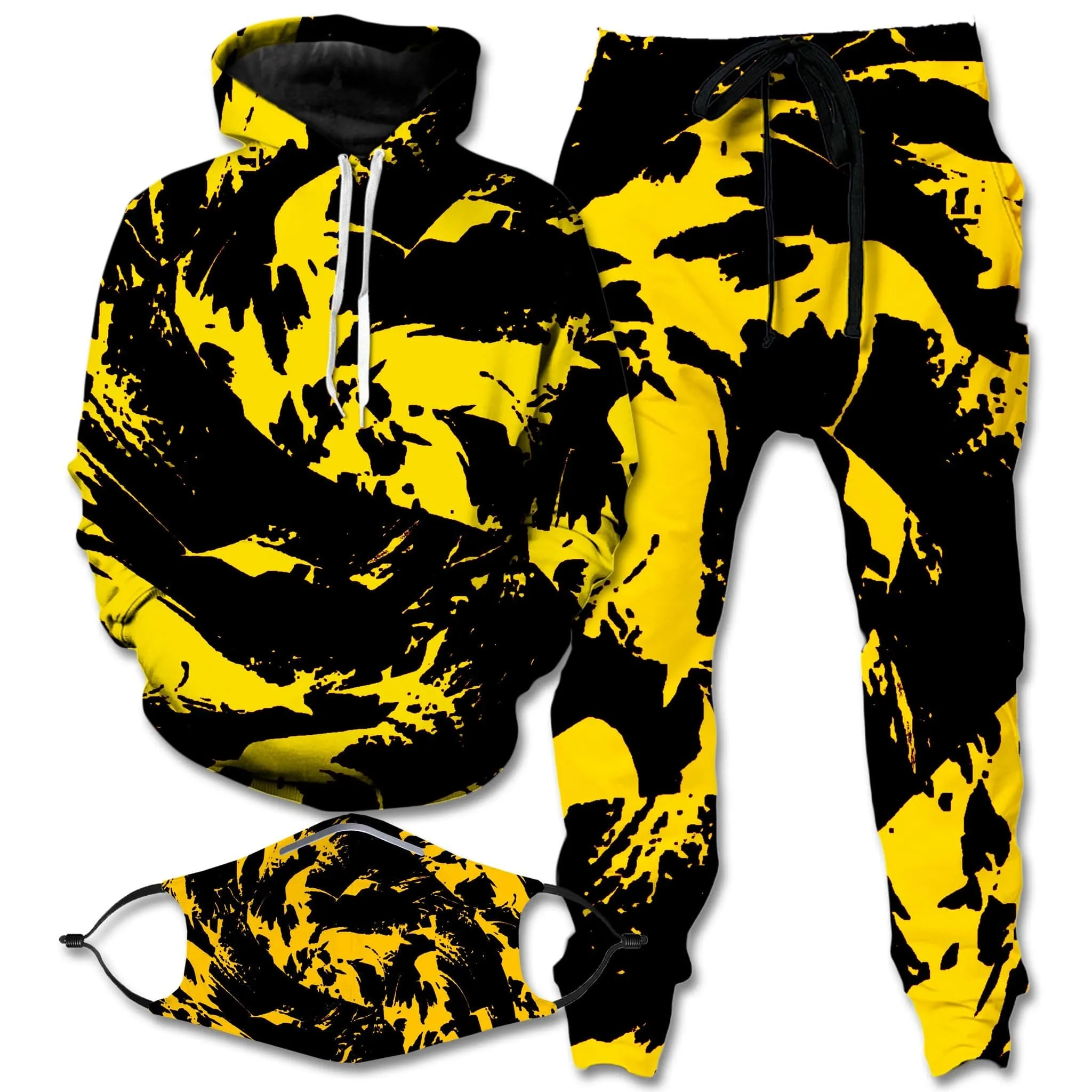Black and Yellow Paint Splatter Hoodie and Joggers with PM 2.5 Face Mask Combo