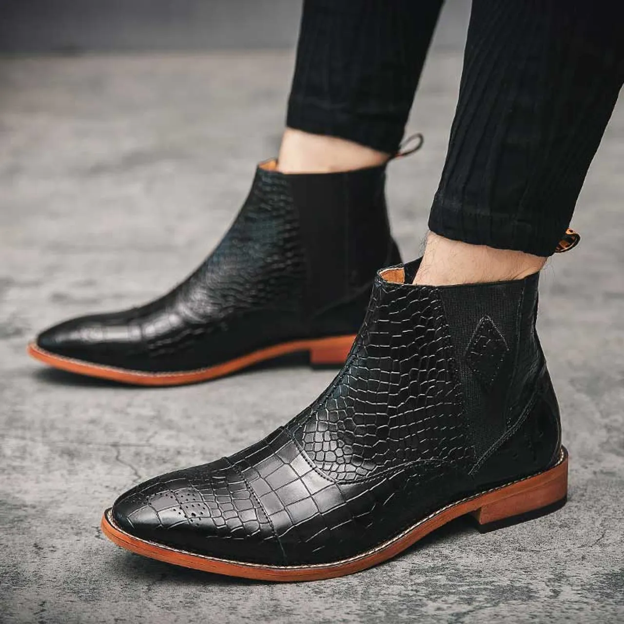Black brogue crocodile skin pattern slip on shoe boot