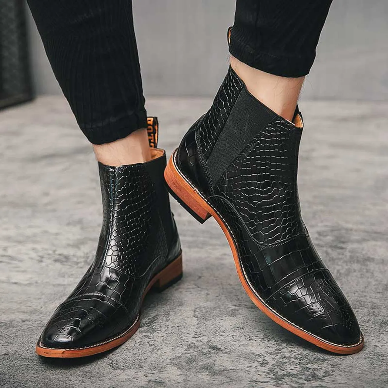 Black brogue crocodile skin pattern slip on shoe boot