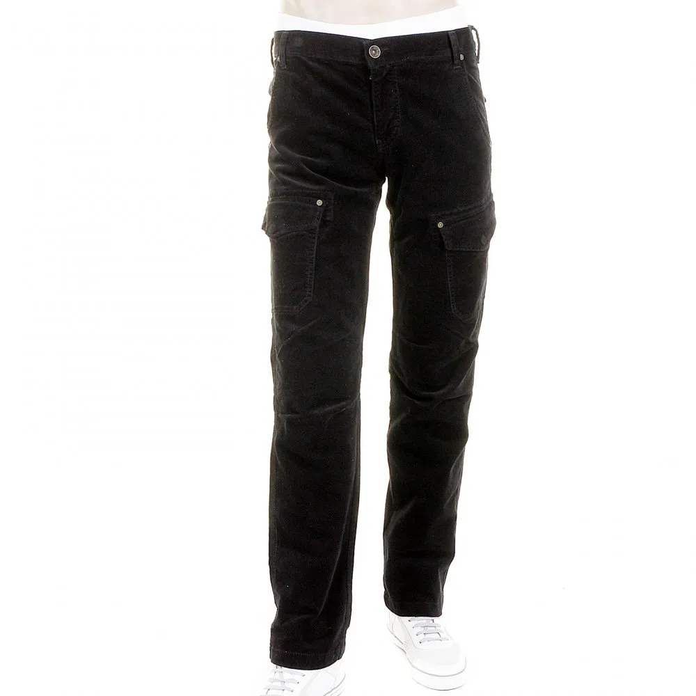 Black Fine Cord Stretch Cotton Regular Fit Low Waist Straight Leg Jeans