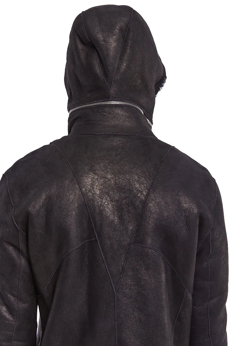 BLACK HOODED SHEEPSKIN JACKET