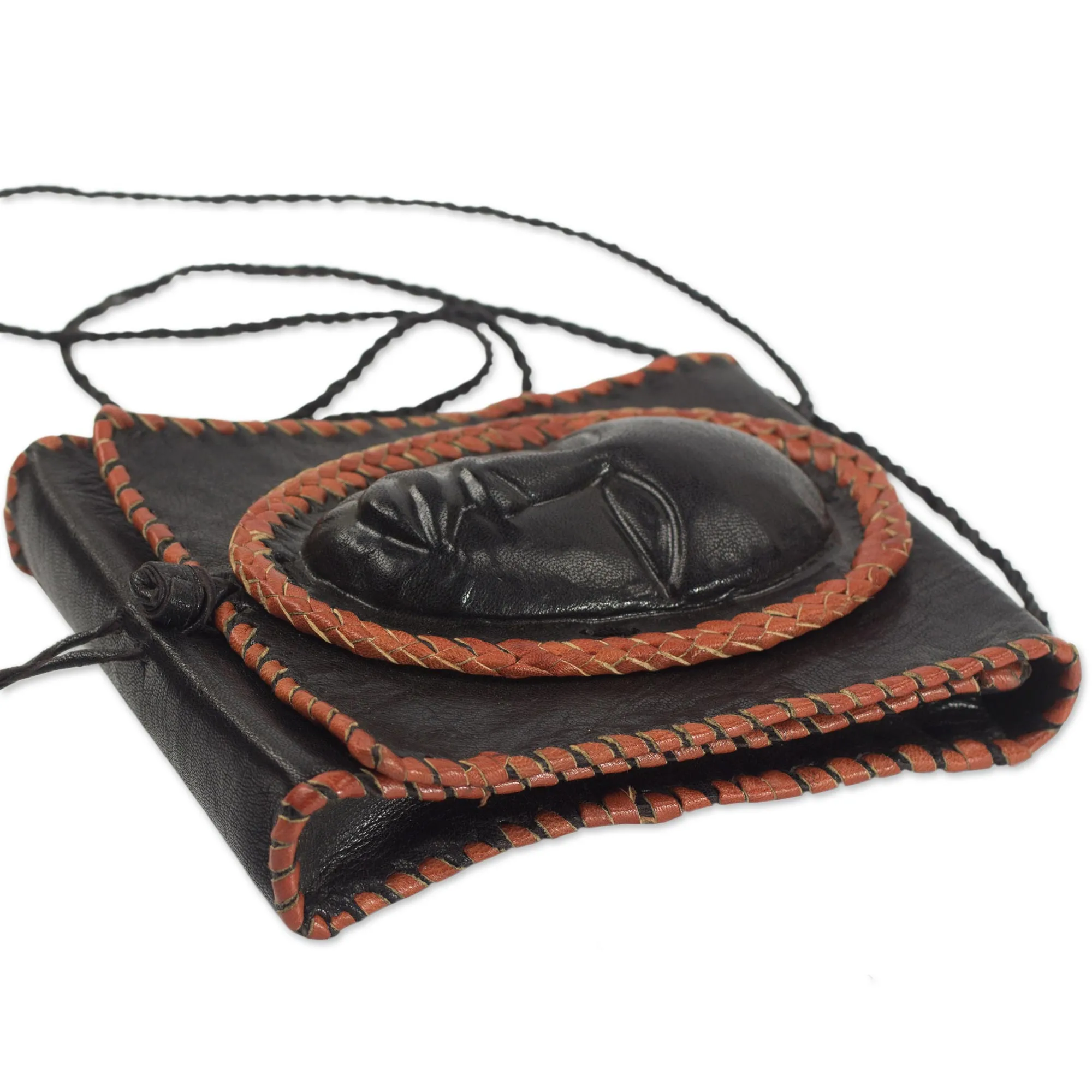 Black Leather Cell Phone Shoulder Bag with a Face from Ghana, 