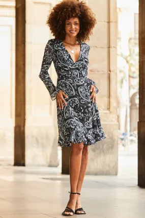 Black Paisley Print Wrap Front Dress