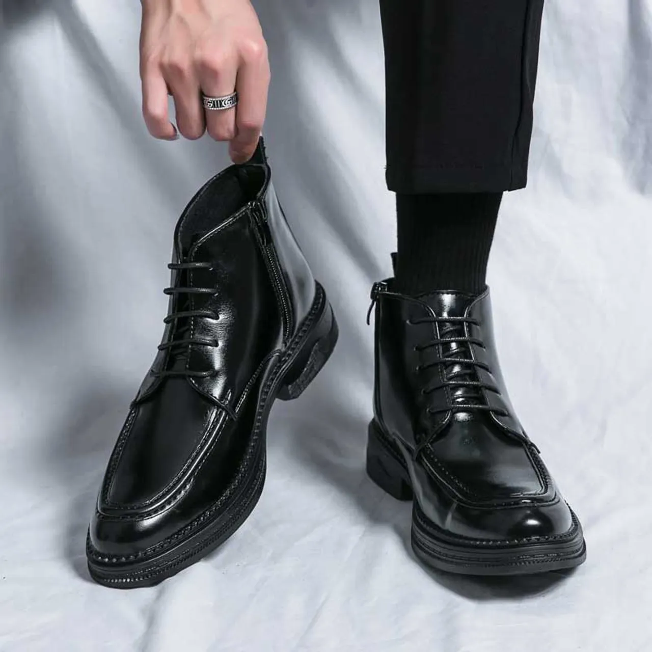 Black plain side zip lace up shoe boot