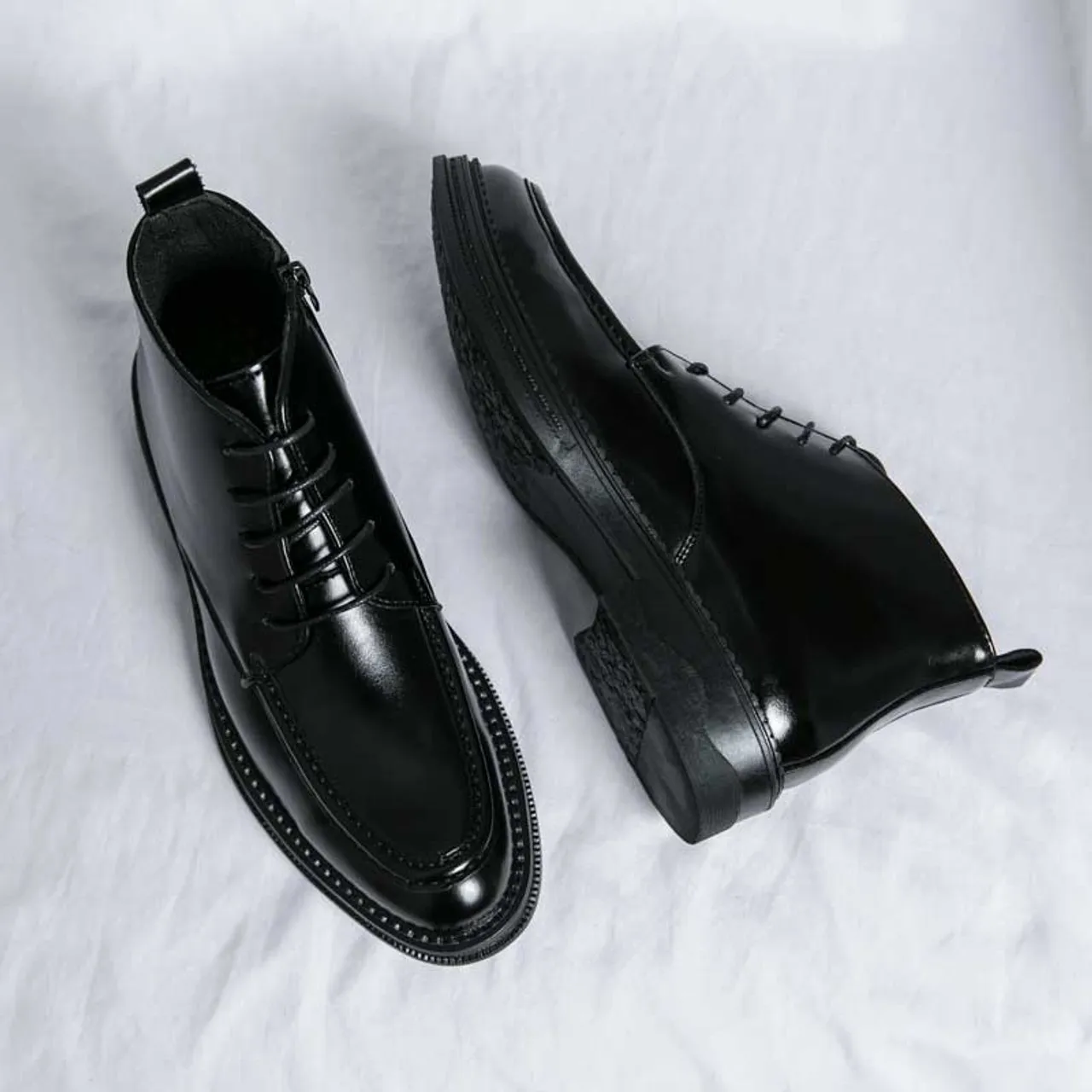 Black plain side zip lace up shoe boot