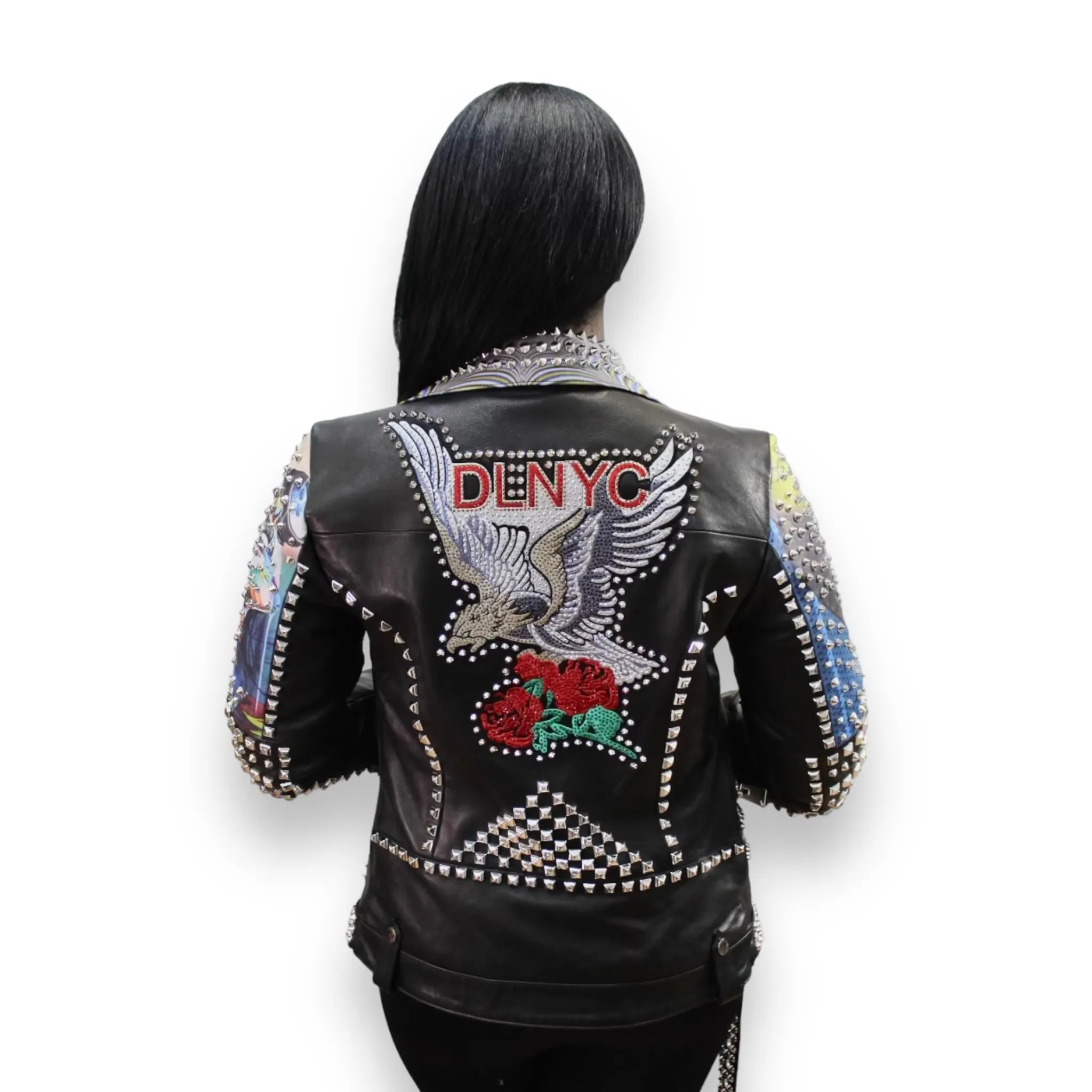 Black Studded DL Jacket with Rhinestone Design - Daniel's Leather
