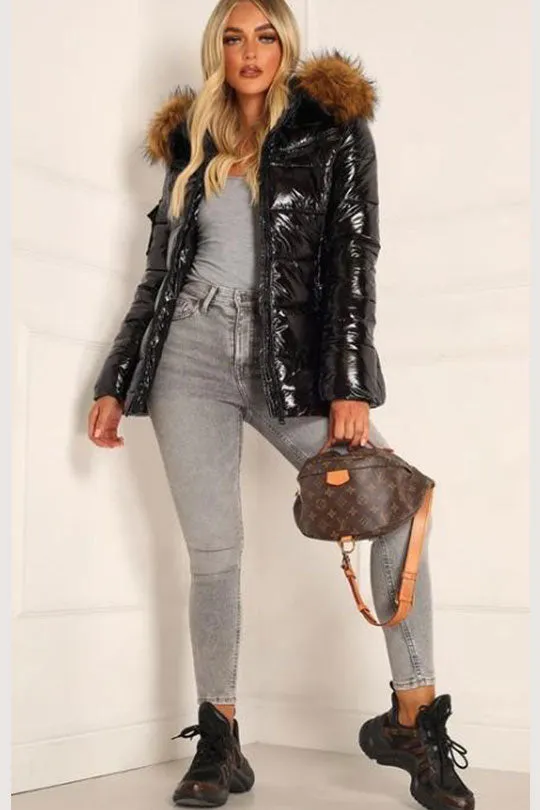 Black Wet Look faux fur hooded Jacket