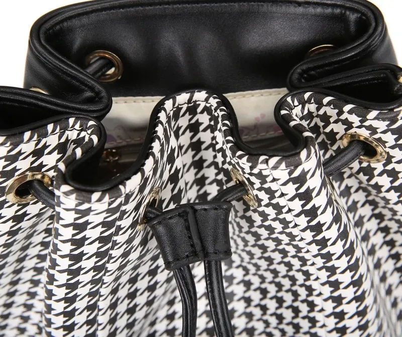 Black White Houndstooth Checkers Jewels Lipsticks Bucket Cross Body Strap Bag Purse