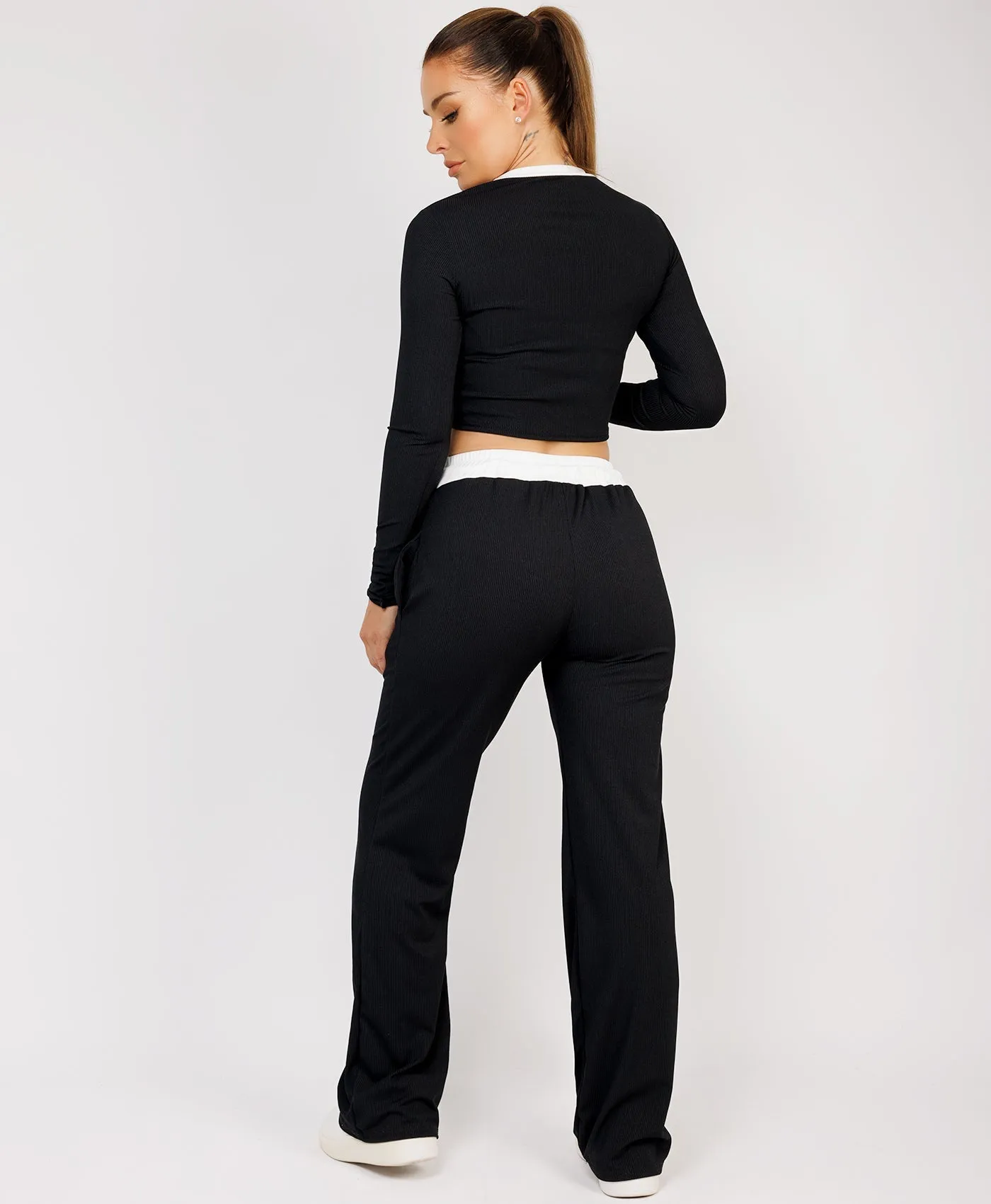 Black Wide Leg Trousers and Long Sleeve Top Loungewear Set