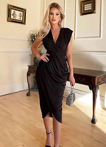Black Wrap Draped Midi Dress by AX Paris | Look Again