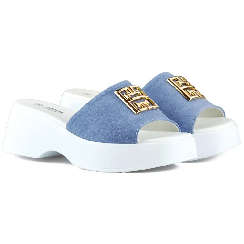 Blue jeans, elegant, comfortable flip-flops with a thick sole