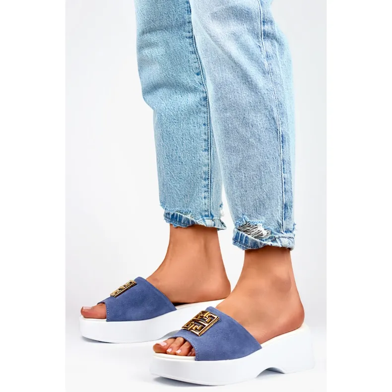 Blue jeans, elegant, comfortable flip-flops with a thick sole