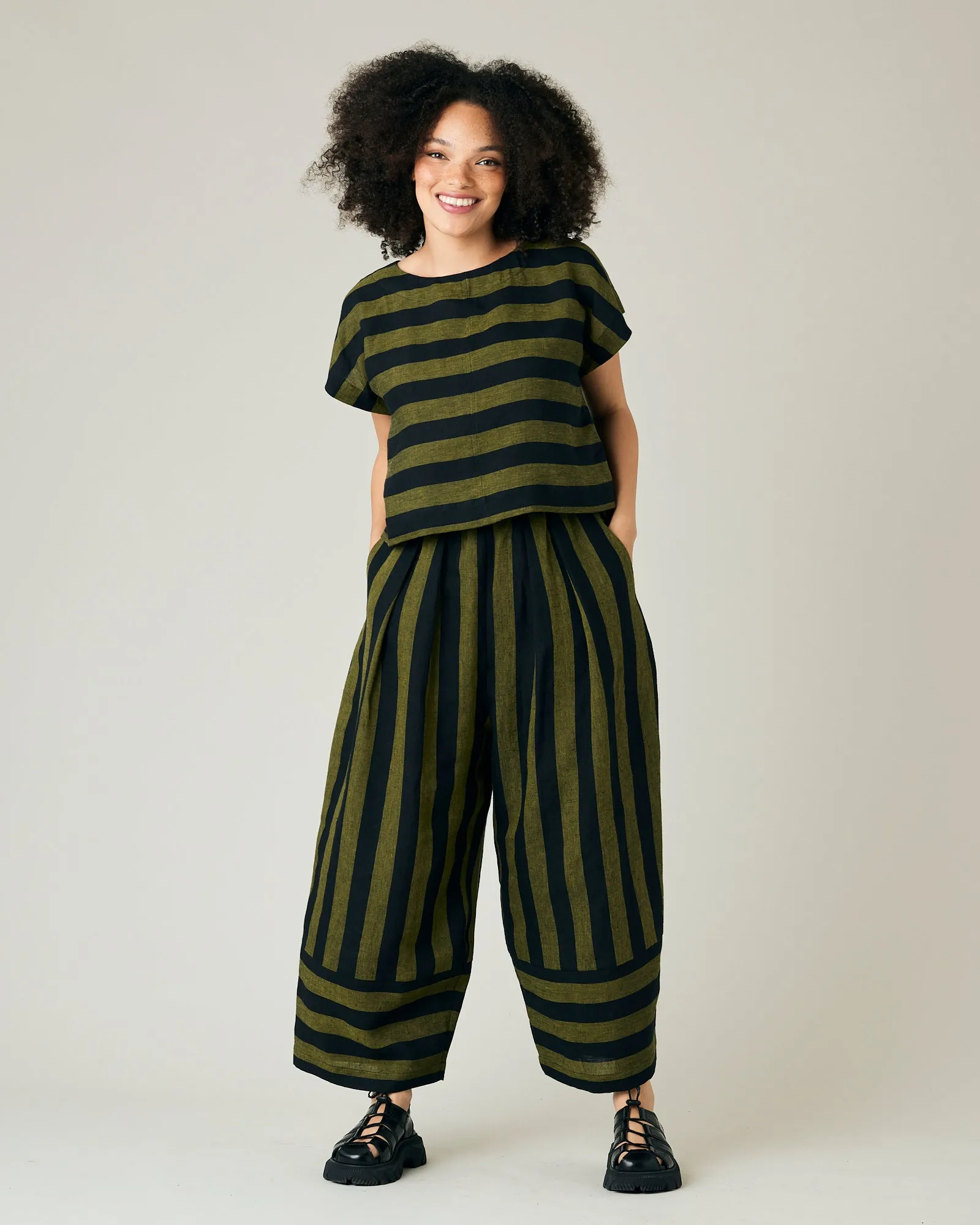 Bobbi Black & Olive Stripe Linen Trousers