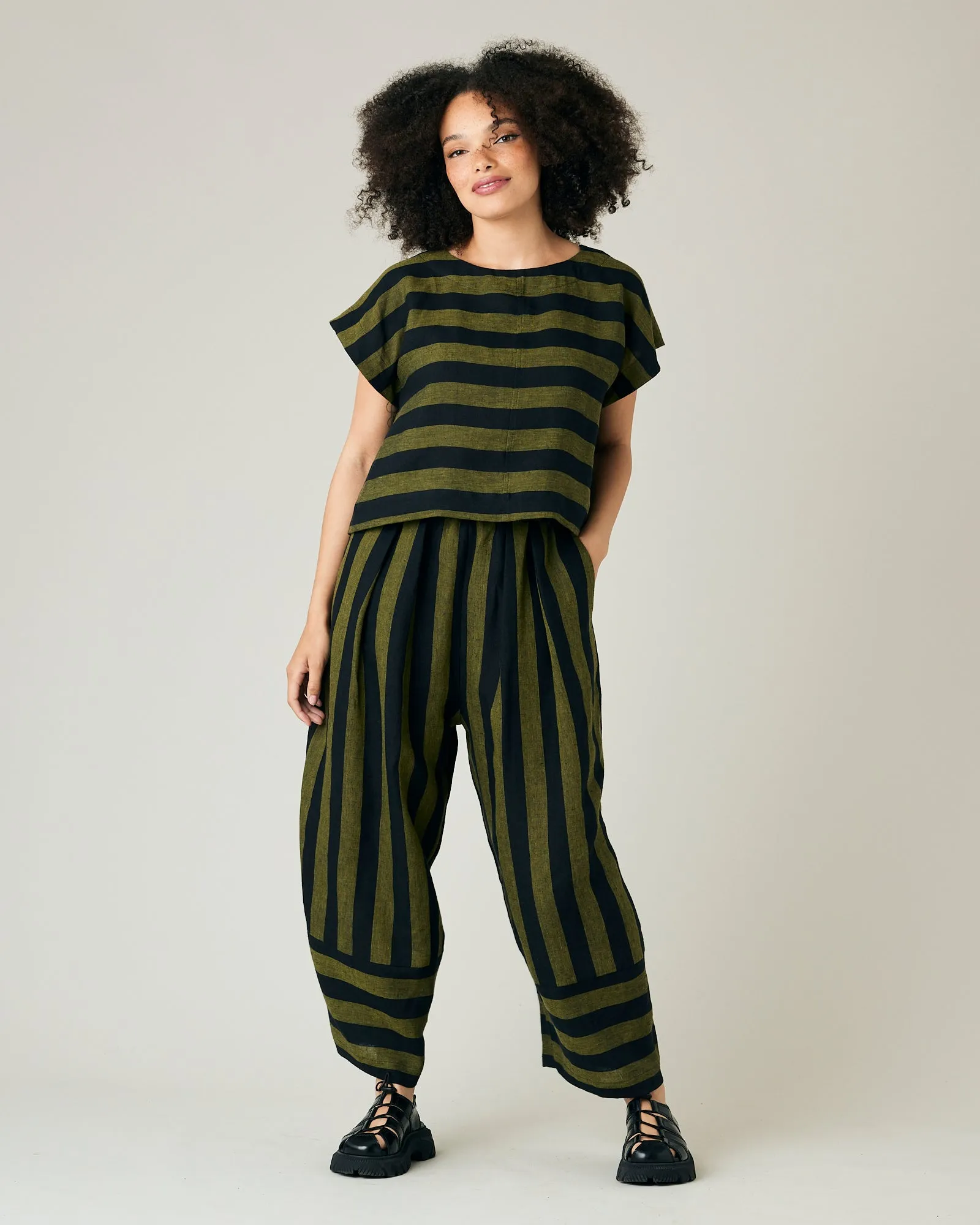 Bobbi Black & Olive Stripe Linen Trousers